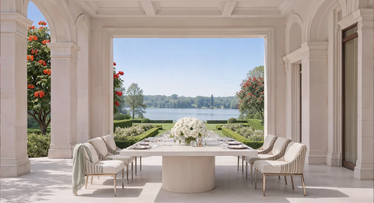 Lakeside colonnade dining overlooking the estate lake